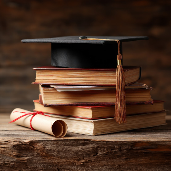 This image depicts a graduation cap, also known as a mortarboard, placed on top of a stack of books alongside a rolled diploma.