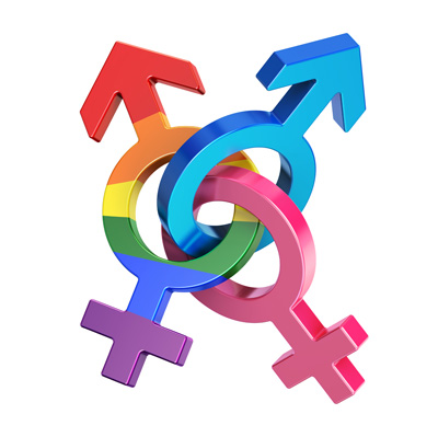 This image represents gender and sexual diversity through a 3D rendering of intertwined symbols. It combines traditional male and female symbols along with a rainbow-colored symbol representing the LGBTQ+ community.