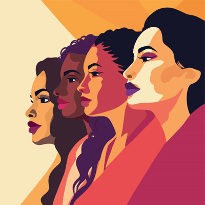 This image is a vector illustration of 4 women of different races, frequently used to represent International Women's Day, women's empowerment, or diversity and inclusion initiatives.