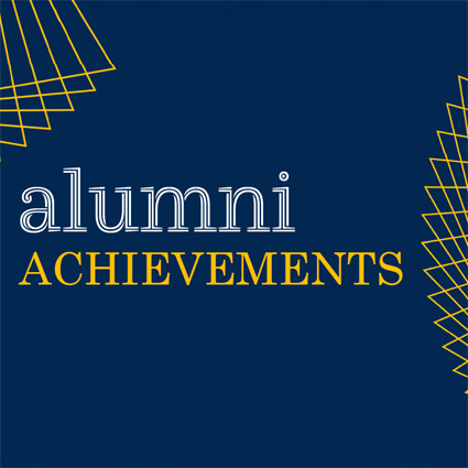 Text "alumni achievements" in a blue square
